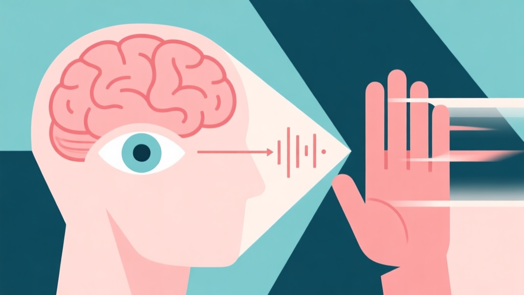 Abstract geometric composition showing a delayed signal path from eye to brain to hand, with a fast-moving obstacle, in soft pastel colors, modern minimal style, professional concept illustration of reaction delay high quality illustration, detailed, 16:9