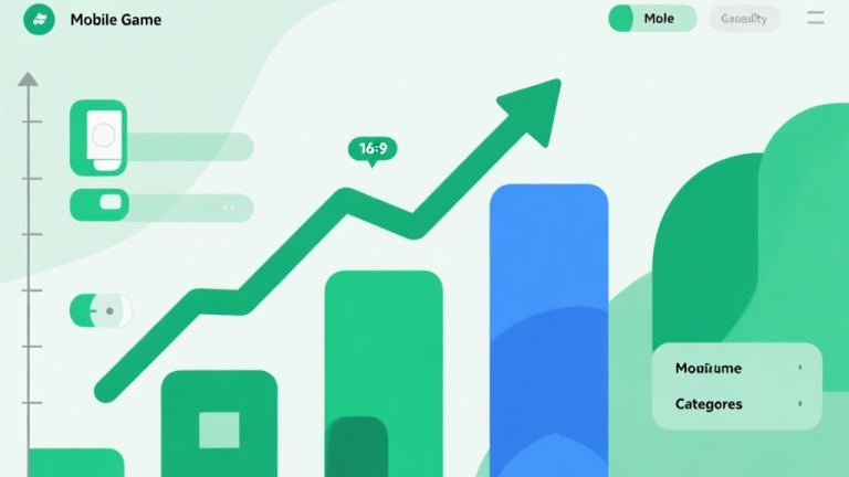 自动生成图片: Upward trending graph with simple geometric elements representing mobile game categories, green and blue color palette, clean business infographic style, minimal design high quality illustration, detailed, 16:9