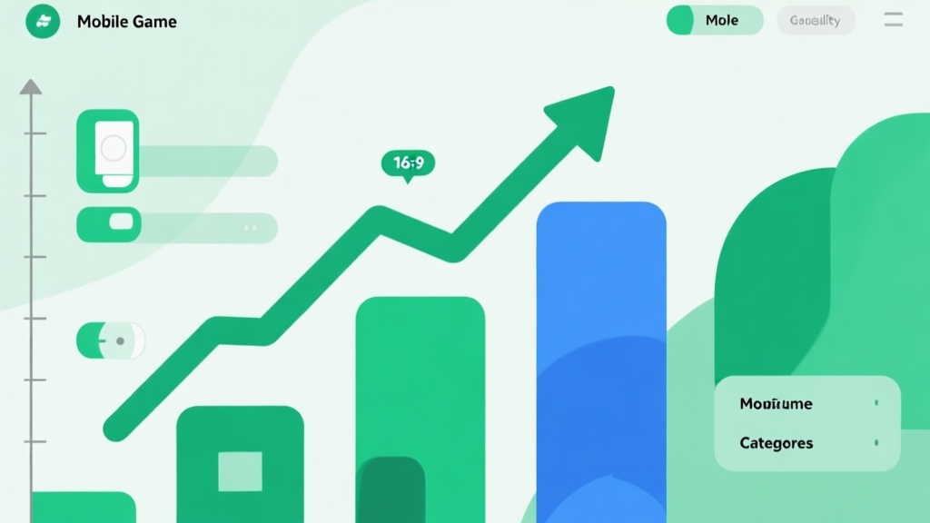 Upward trending graph with simple geometric elements representing mobile game categories, green and blue color palette, clean business infographic style, minimal design high quality illustration, detailed, 16:9