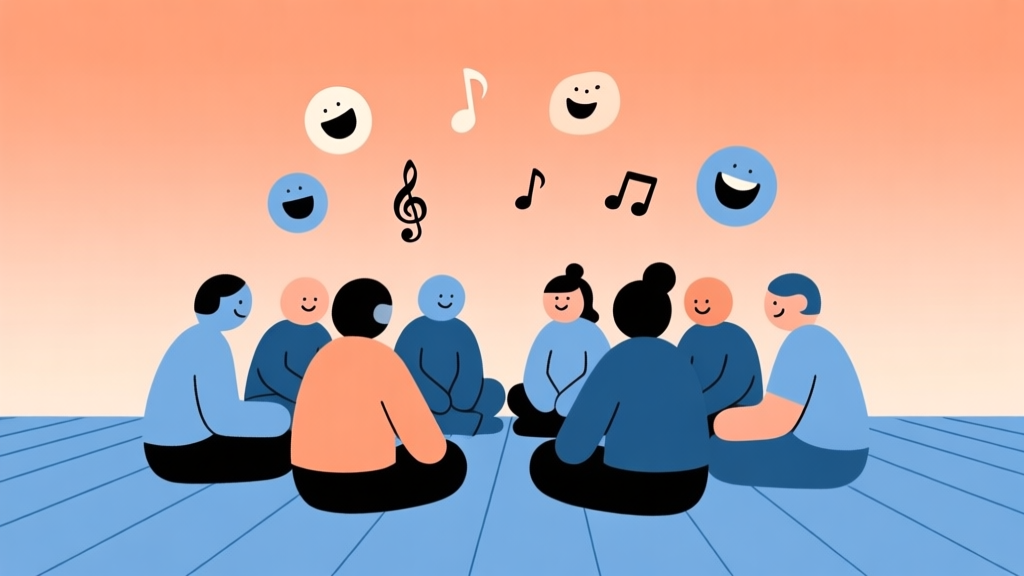 A minimalist flat design illustration of a group of stylized, simple human figures sitting in a circle on the floor, with abstract icons of laughter and music notes in the air. Soft, warm gradient background with orange and blue tones, clean lines. high quality illustration, detailed, 16:9