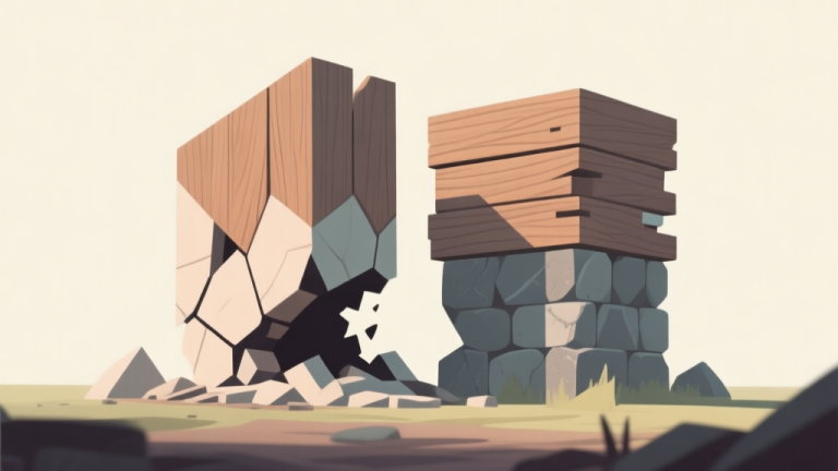 自动生成图片: Abstract geometric composition showing a crumbling foundation next to a stable one, using wood and stone textures as shapes, soft natural color palette, clean minimal style, survival game concept illustration high quality illustration, detailed, 16:9