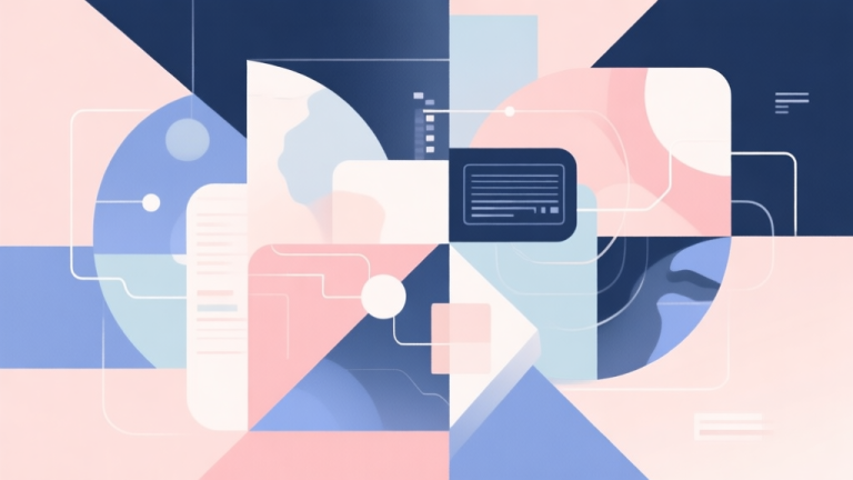 自动生成图片: Abstract geometric composition with overlapping shapes representing digital and physical worlds connecting, soft pastel colors, modern minimal style, professional business concept illustration high quality illustration, detailed, 16:9