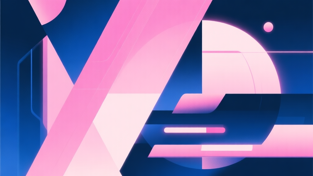 Abstract geometric composition with overlapping shapes representing tradition and future, soft neon pink and deep blue colors, modern minimal style, professional concept illustration of clash between old and new high quality illustration, detailed, 16:9