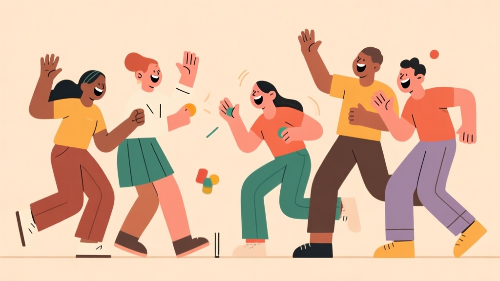 A group of diverse people playing a fast-paced reaction game, laughing and having fun, minimalist flat design style with warm colors, clean lines, showing hand gestures and movement high quality illustration, detailed, 16:9