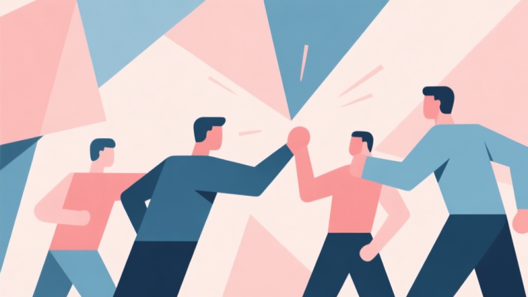 自动生成图片: Abstract geometric composition with overlapping shapes representing teamwork and competition, soft pastel colors, modern minimal style, professional concept illustration of group activity high quality illustration, detailed, 16:9