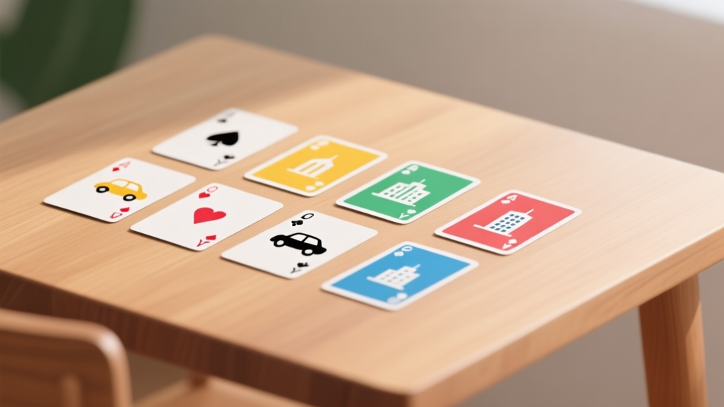 A minimalist flat lay of colorful playing cards with simple car and city building icons, arranged neatly on a wooden table, soft natural lighting, clean and inviting composition high quality illustration, detailed, 16:9