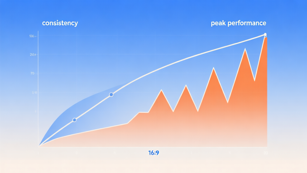 Abstract dual-path graph showing consistency vs. peak performance, one steady line and one spiky line converging, minimalist design with soft blue and orange gradient, professional sports analytics style high quality illustration, detailed, 16:9