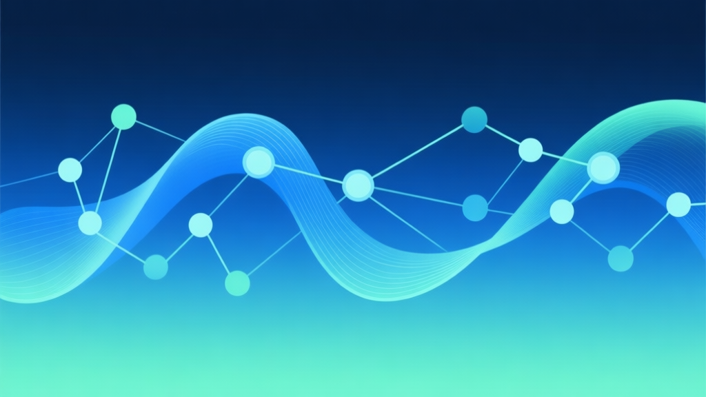 Abstract network nodes connected by lines in a flowing sequence, soft gradient of blue and green, clean minimal illustration of connection and flow, modern digital concept high quality illustration, detailed, 16:9