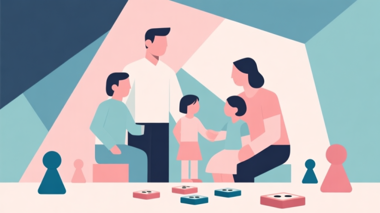 自动生成图片: Abstract geometric composition with overlapping shapes representing family members and game pieces, soft pastel colors, modern minimal style, professional concept illustration of family bonding high quality illustration, detailed, 16:9