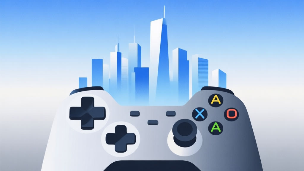 Abstract geometric composition of a city skyline blended with a game controller, soft gradient of blue and grey, clean minimal design, modern digital concept illustration high quality illustration, detailed, 16:9