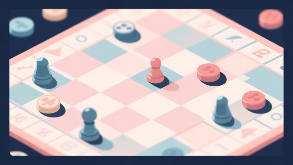 Abstract geometric composition with game board elements, blocked paths and strategic tokens, soft pastel colors, modern minimal style, professional board game concept illustration high quality illustration, detailed, 16:9