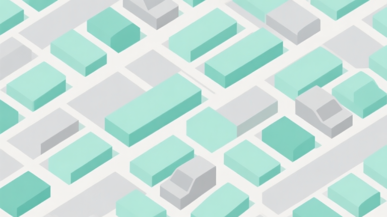自动生成图片: Abstract geometric composition with overlapping rectangles in grid formation, soft pastel colors like mint green and light gray, modern minimal style, representing a crowded parking lot puzzle high quality illustration, detailed, 16:9