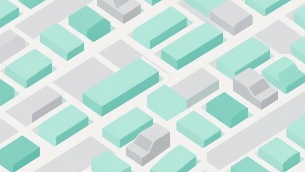 Abstract geometric composition with overlapping rectangles in grid formation, soft pastel colors like mint green and light gray, modern minimal style, representing a crowded parking lot puzzle high quality illustration, detailed, 16:9