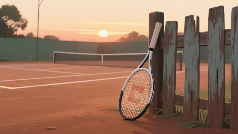 自动生成图片: A single tennis racket leaning against a rustic, weathered wooden fence on an empty clay court at sunset, symbolic of perseverance and humble beginnings, minimalist style with warm, muted tones high quality illustration, detailed, 16:9
