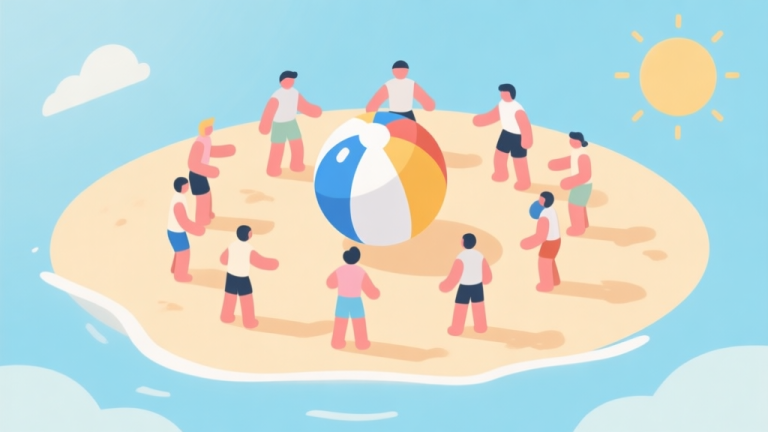 自动生成图片: Simple human figures in circular arrangement playing with a large beach ball on a sunny day, soft colors, flat design icons, teamwork concept illustration, minimalist style high quality illustration, detailed, 16:9