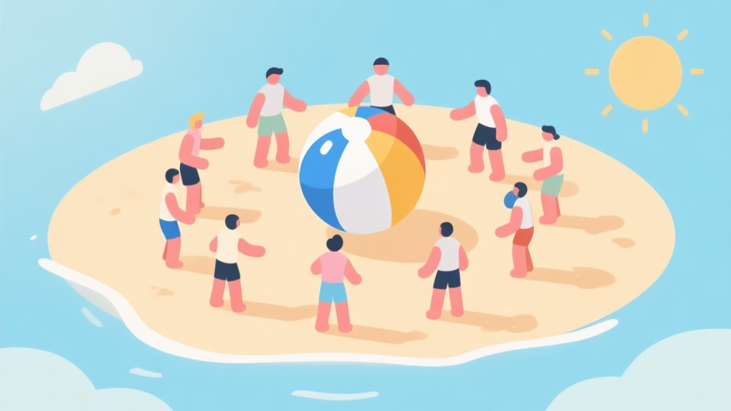 Simple human figures in circular arrangement playing with a large beach ball on a sunny day, soft colors, flat design icons, teamwork concept illustration, minimalist style high quality illustration, detailed, 16:9