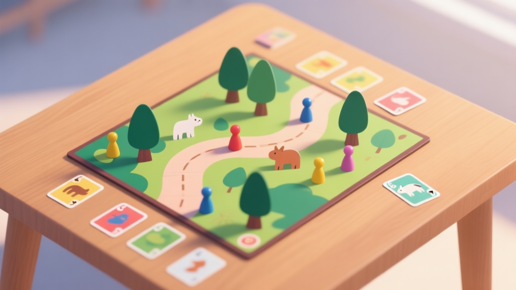 A minimalist, top-down view of a colorful board game setup on a wooden table. The board has a forest path design, with simple animal pawns and cards scattered around. Soft, natural lighting, clean composition, inviting atmosphere. high quality illustration, detailed, 16:9