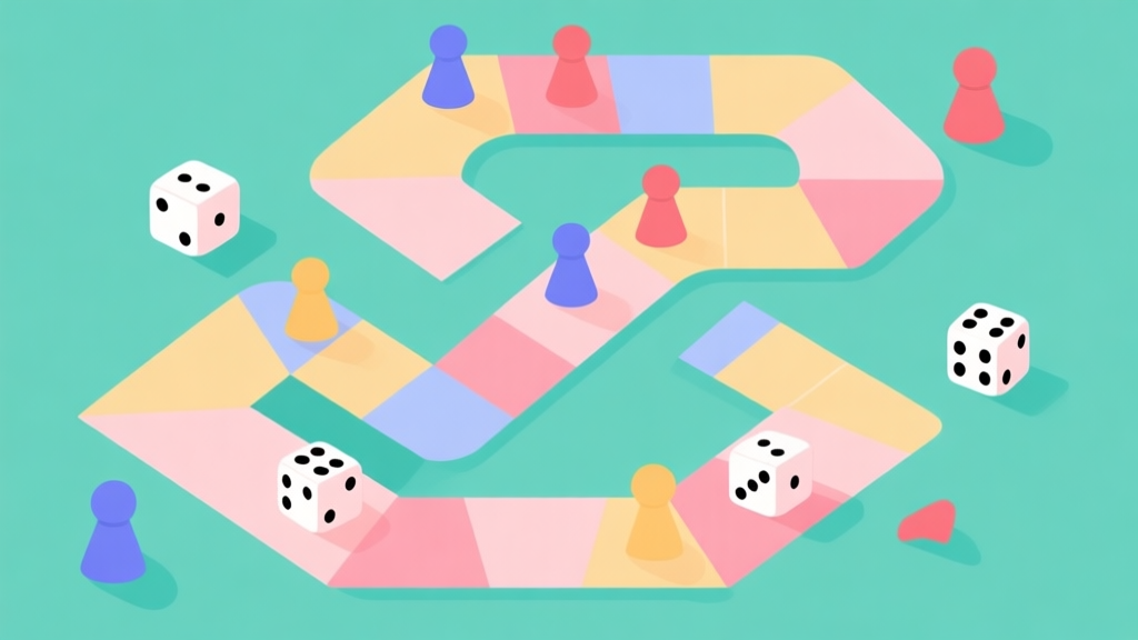 Simple geometric illustration of a colorful game board path with dice and player pieces, soft pastel colors, clean flat design, representing social interaction and fun high quality illustration, detailed, 16:9