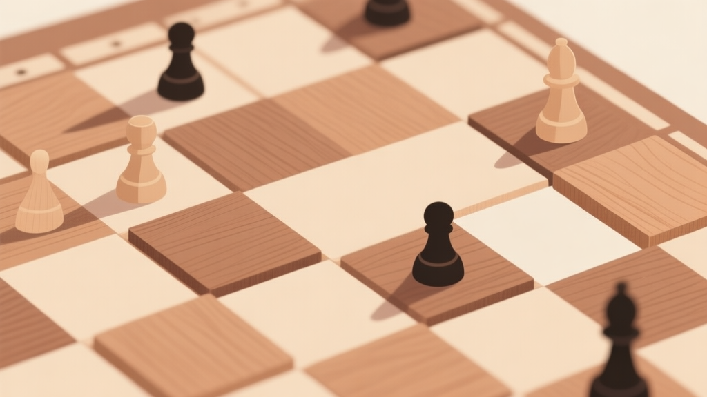 Abstract geometric composition with overlapping wooden tiles and simple pawns on a grid, soft earth tone colors, clean minimal style, traditional game concept illustration high quality illustration, detailed, 16:9