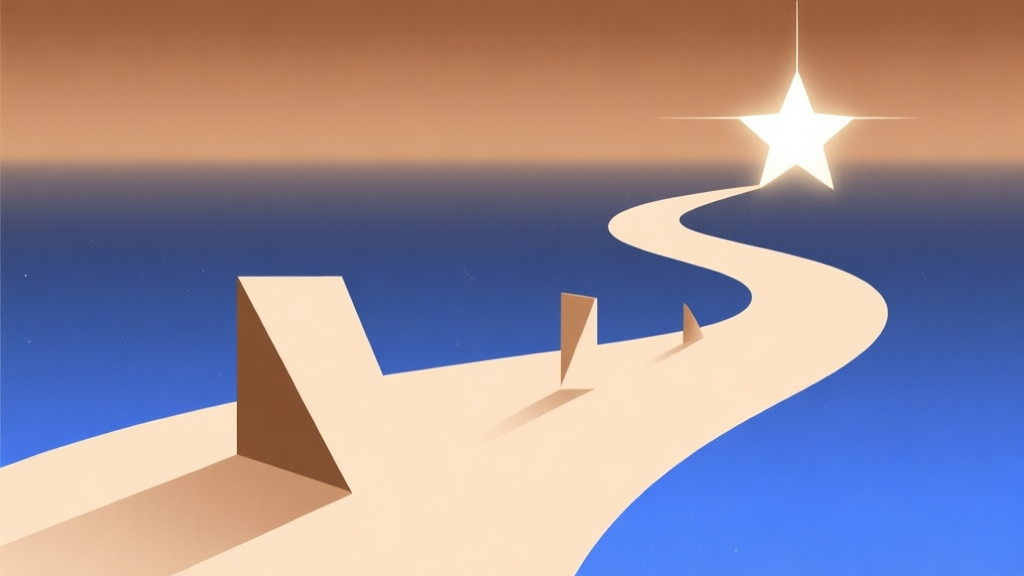 Abstract geometric composition showing a winding path leading from simple shapes to a shining star, soft gradient of earthy brown to celestial blue, representing journey from humble beginnings to success, minimalist style high quality illustration, detailed, 16:9