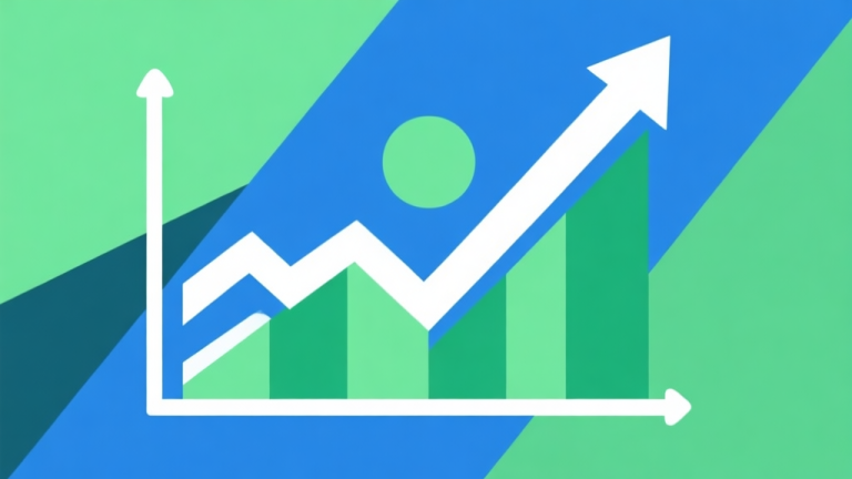 自动生成图片: Upward trending graph with simple geometric elements, green and blue color palette, clean business infographic style, minimal design, representing market growth high quality illustration, detailed, 16:9