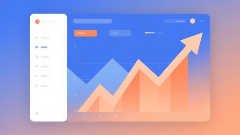 自动生成图片: Minimalist business dashboard with abstract data visualization showing upward trends, soft gradient background in blue and orange, professional color scheme, clean geometric shapes representing growth, flat design style high quality illustration, detailed, 16:9