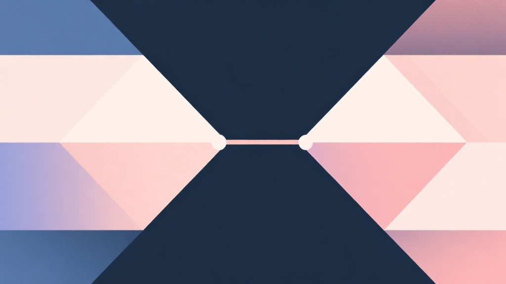 Abstract geometric composition with two opposing shapes connected by a line, soft pastel colors, modern minimal style, professional duel or competition concept illustration high quality illustration, detailed, 16:9