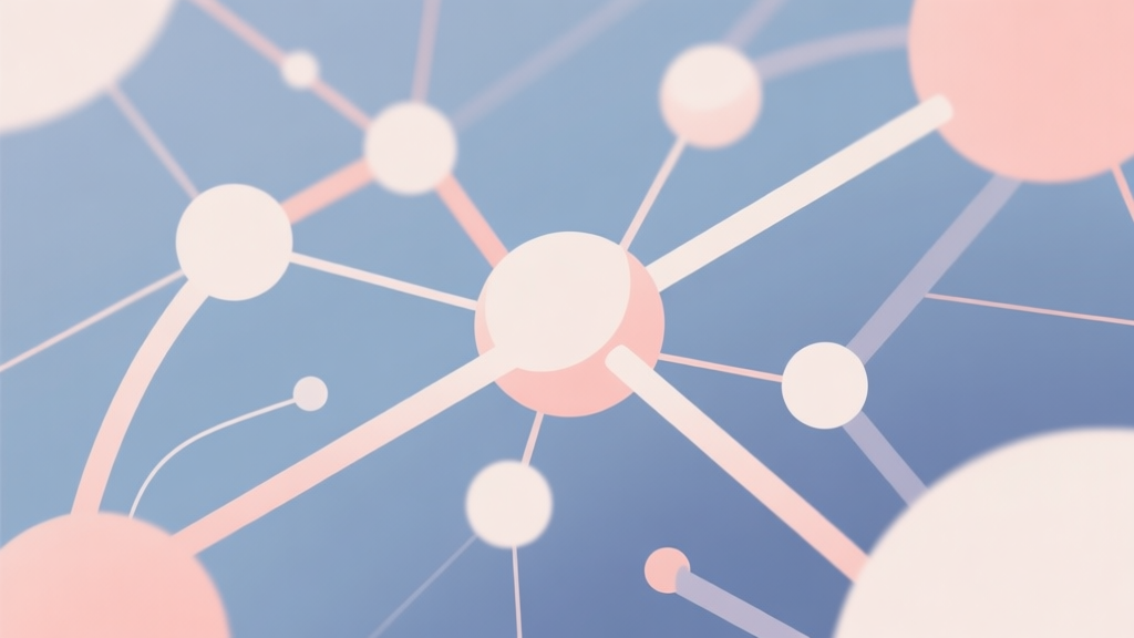 Abstract network nodes connected by lines, soft color scheme, clean minimal illustration, modern digital concept of synergy and connection high quality illustration, detailed, 16:9