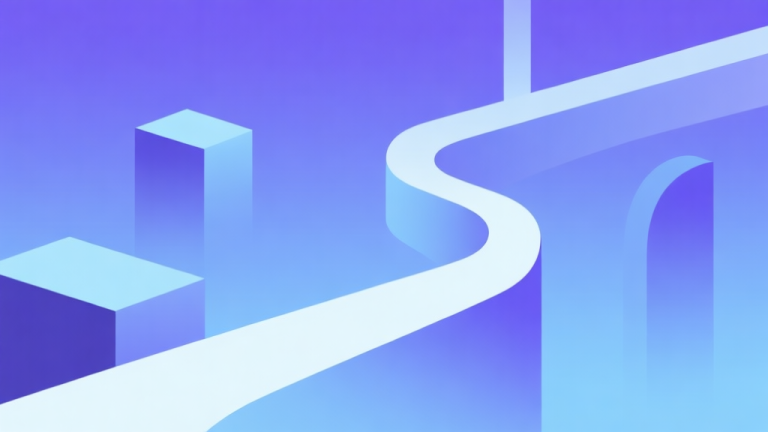 自动生成图片: Abstract geometric composition showing a smooth flowing line weaving between obstacles, soft gradient background of blue and purple, clean minimalist style, representing the concept of 'flow' in gameplay high quality illustration, detailed, 16:9