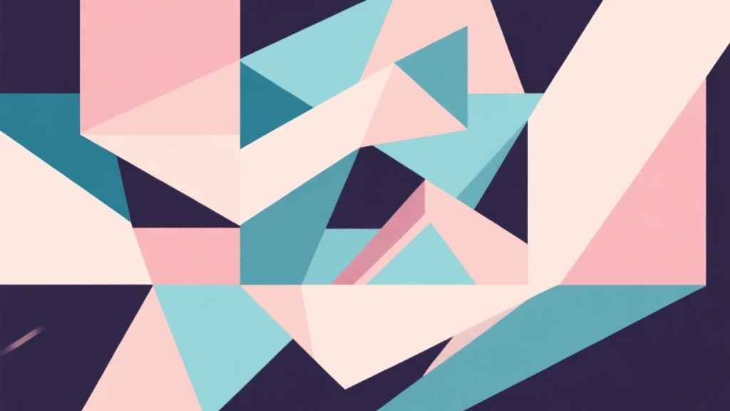 Abstract geometric composition with overlapping shapes representing chaos and control, soft pastel colors with contrasting accents, modern minimal style, professional game concept illustration high quality illustration, detailed, 16:9