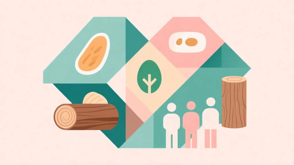 Abstract geometric composition with overlapping shapes representing resources like food, wood, and population, soft pastel colors, modern minimal style, professional business concept illustration of a complex system high quality illustration, detailed, 16:9