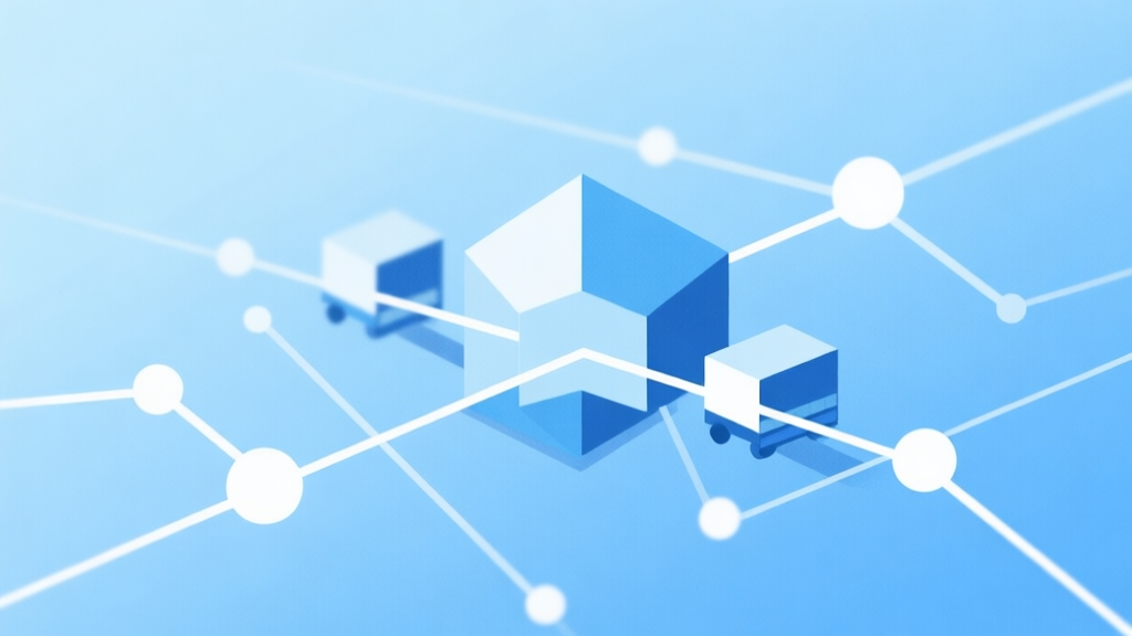 Abstract geometric composition representing logistics and conflict, with interconnected lines and nodes on a soft blue background, clean minimal style, professional strategy game concept illustration high quality illustration, detailed, 16:9