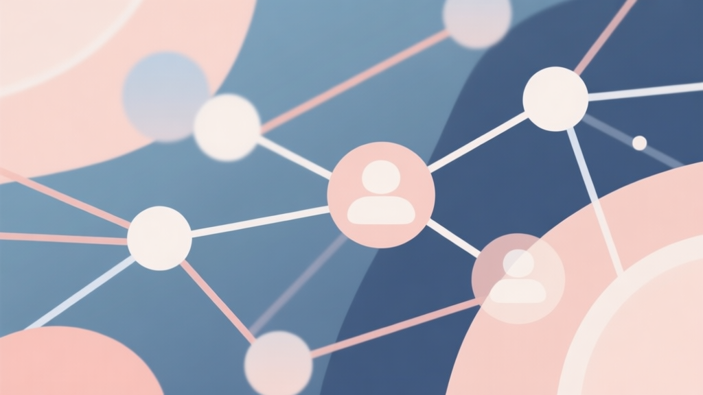 Abstract network nodes connected by lines, soft color scheme, clean minimal illustration, modern digital concept of social connection high quality illustration, detailed, 16:9