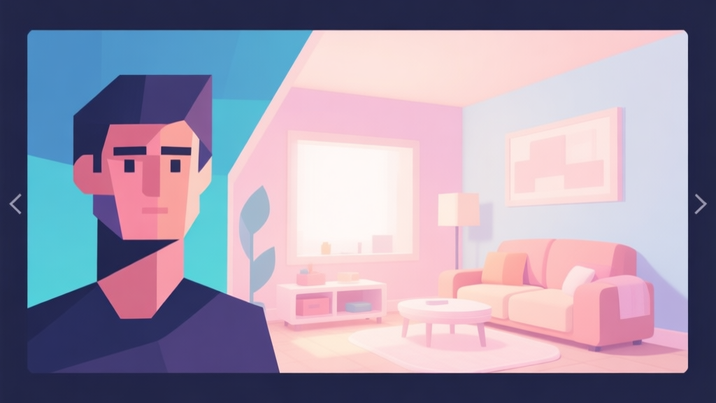 Abstract geometric composition showing a stylized avatar next to a cozy virtual room, soft pastel colors, modern minimal style, professional game design concept illustration high quality illustration, detailed, 16:9
