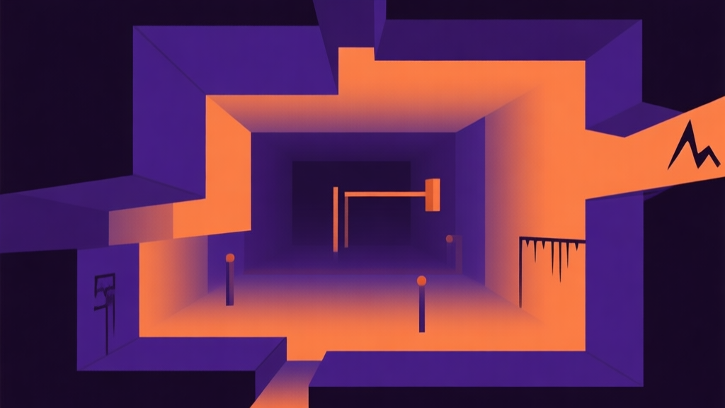 Abstract geometric composition with overlapping shapes in dark purple and orange gradients, clean minimal style, representing a spooky and challenging game environment with simple obstacles high quality illustration, detailed, 16:9