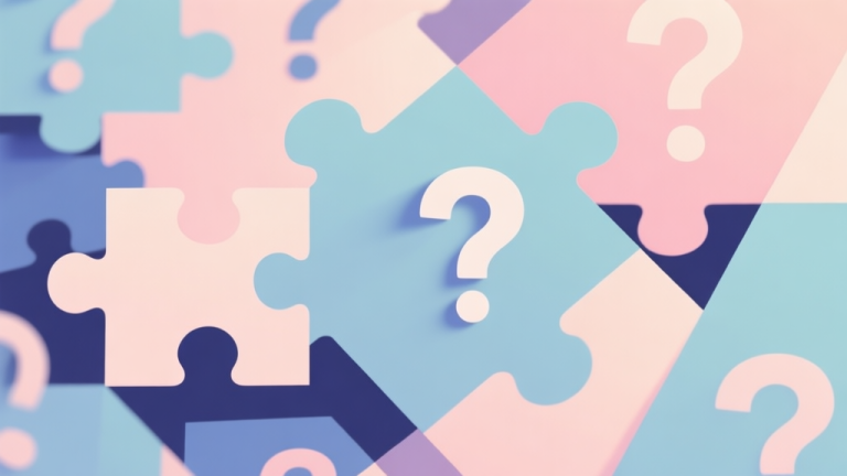 自动生成图片: Abstract geometric composition with overlapping puzzle pieces and question marks, soft pastel colors, modern minimal style, digital concept illustration high quality illustration, detailed, 16:9