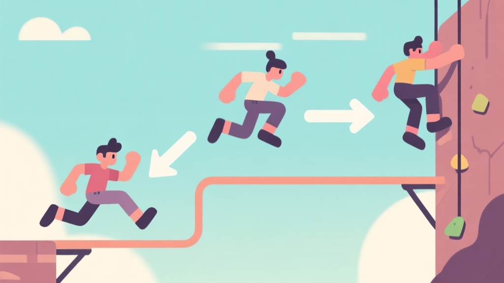 Simple flowchart illustration showing a game character performing basic parkour moves like running, jumping, and climbing, with clean lines and arrows indicating movement flow, soft color scheme, minimalist game tutorial style high quality illustration, detailed, 16:9