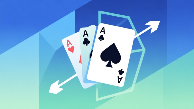 自动生成图片: Abstract geometric composition of playing cards and strategic arrows, soft blue and green gradient background, clean minimal design, modern game concept illustration high quality illustration, detailed, 16:9