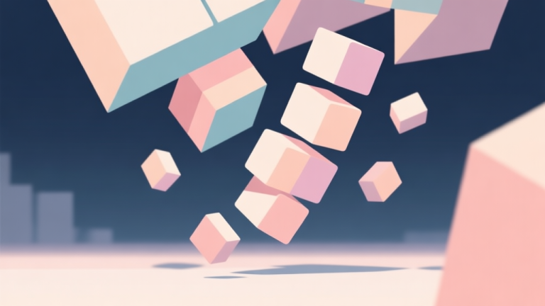 自动生成图片: Abstract geometric composition with overlapping shapes in soft pastel colors, representing falling and stacking blocks, modern minimal style, professional game concept illustration high quality illustration, detailed, 16:9
