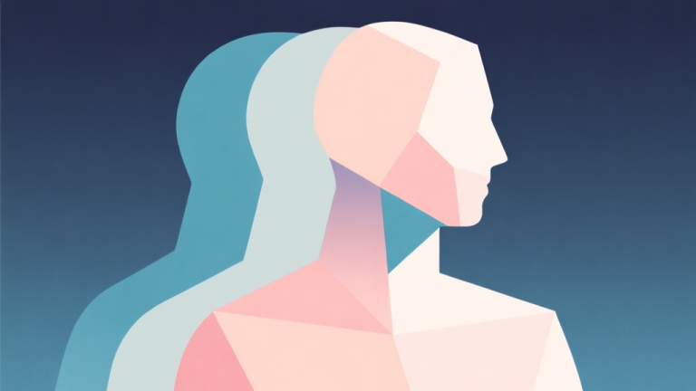 自动生成图片: Abstract geometric composition with overlapping shapes forming a human silhouette, soft pastel colors, modern minimal style, professional concept illustration of character depth and layers high quality illustration, detailed, 16:9