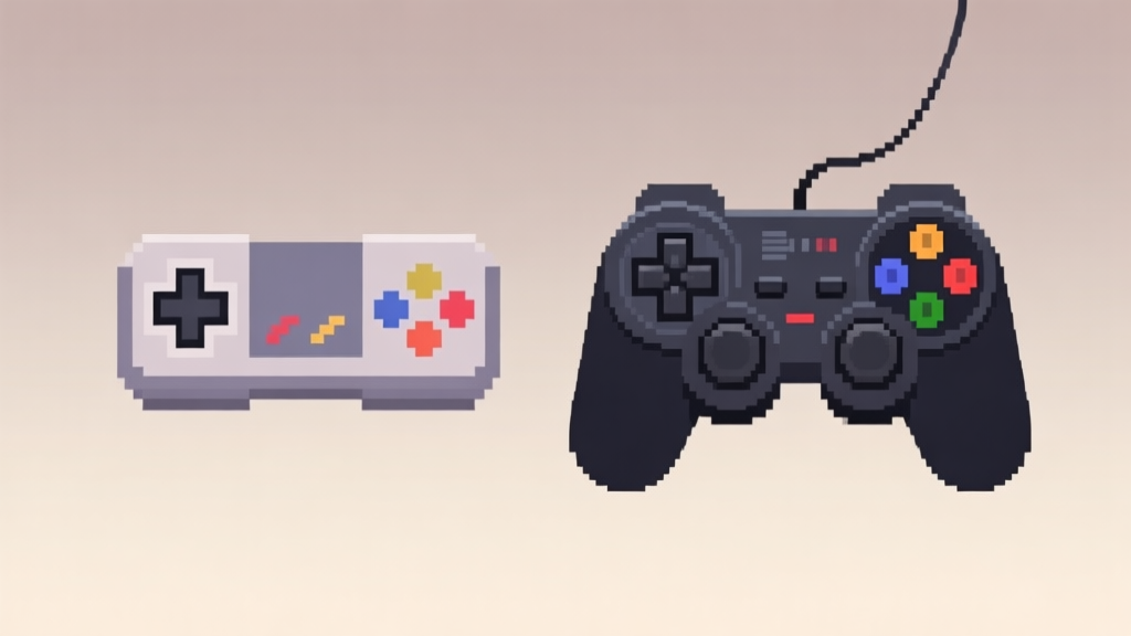 Two contrasting game controllers on a neutral background, one simple and pixelated representing retro gaming, the other complex with many buttons representing simulation, soft gradient background, clean minimal composition high quality illustration, detailed, 16:9
