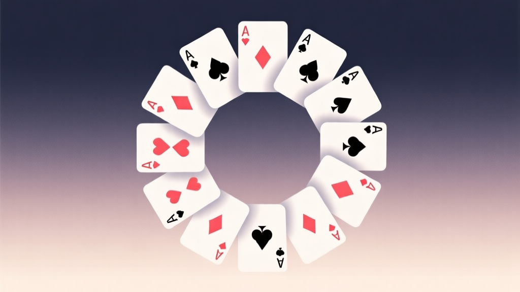 Simple geometric arrangement of playing cards in a circle, soft gradient background, clean minimal design, abstract game concept illustration high quality illustration, detailed, 16:9