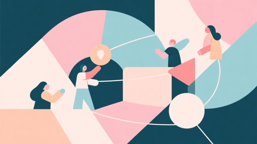 Abstract geometric composition with overlapping shapes in soft pastel colors, representing social connection and playful interaction, modern minimal style, professional concept illustration high quality illustration, detailed, 16:9