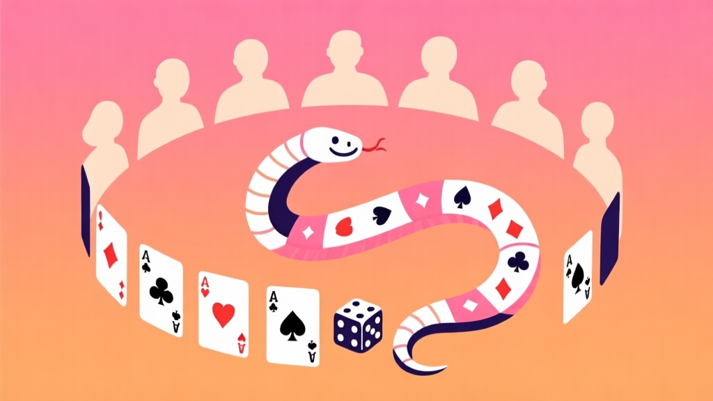 A vibrant, minimalist illustration of a snake made from connected playing cards and dice, winding through a circle of simple, smiling human silhouettes. Soft gradient background with warm, social colors like orange and pink, clean flat design style high quality illustration, detailed, 16:9