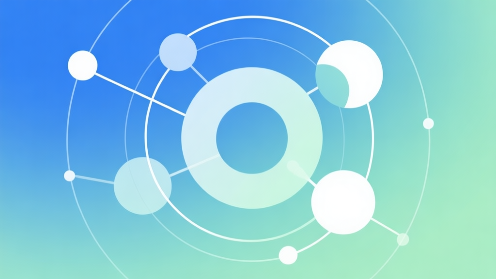 Abstract geometric composition with overlapping circles and connecting lines, soft gradient background in blue and green, clean minimal design, representing interconnected strategy and game flow high quality illustration, detailed, 16:9