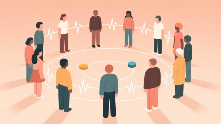 自动生成图片: A group of diverse minimalist human figures in a circle, some figures highlighted, connected by simple rhythmic lines and pulses, soft warm color palette, clean flat design, representing social interaction and game dynamics high quality illustration, detailed, 16:9