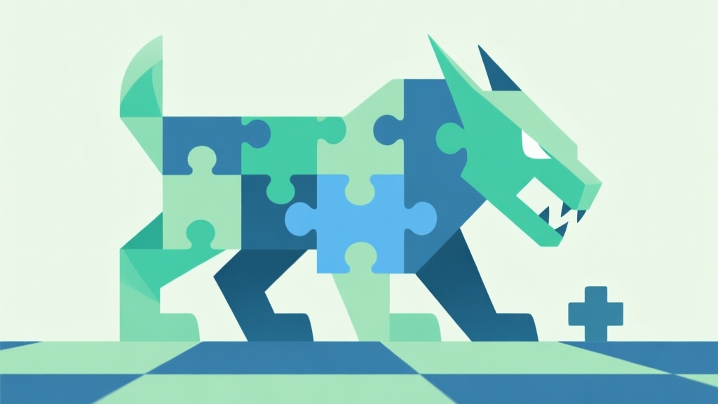 Abstract geometric composition with overlapping puzzle pieces forming a powerful creature, soft green and blue pastel colors, modern minimal style, strategic game concept illustration high quality illustration, detailed, 16:9
