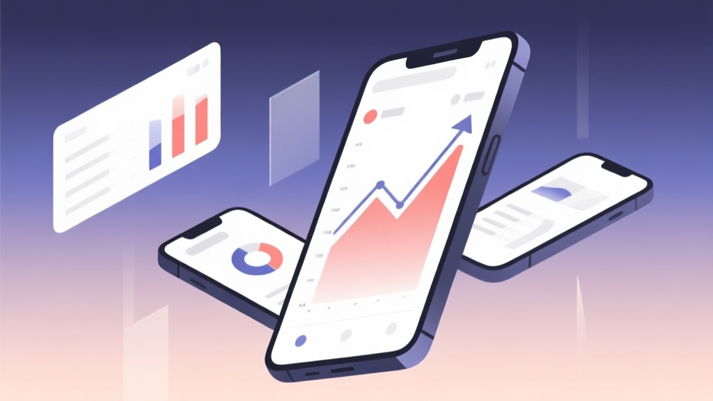 Minimalist business dashboard with abstract data visualization showing upward trends on mobile devices, soft gradient background, professional color scheme, clean geometric shapes, flat design style high quality illustration, detailed, 16:9