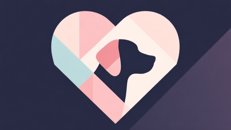 自动生成图片: Abstract geometric composition with overlapping shapes forming a heart and a dog silhouette, soft pastel colors, modern minimal style, professional digital pet concept illustration high quality illustration, detailed, 16:9