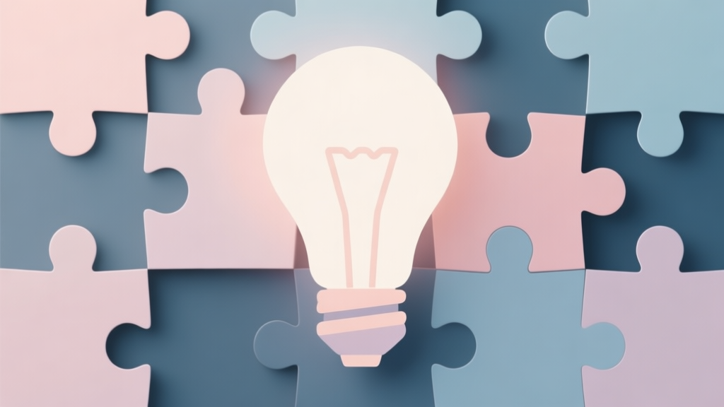 Abstract geometric composition with overlapping puzzle pieces forming a lightbulb shape, soft pastel colors, modern minimal style, professional concept of problem-solving and reasoning high quality illustration, detailed, 16:9